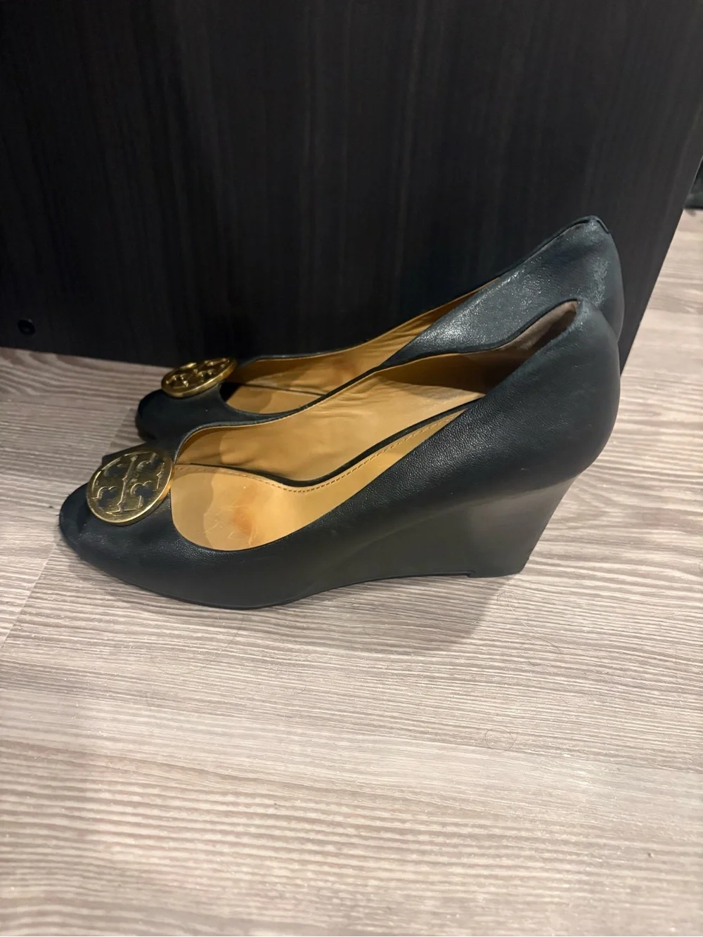 Tory Burch Black Leather Peep-Toe Pumps with Gold Logo Medallions